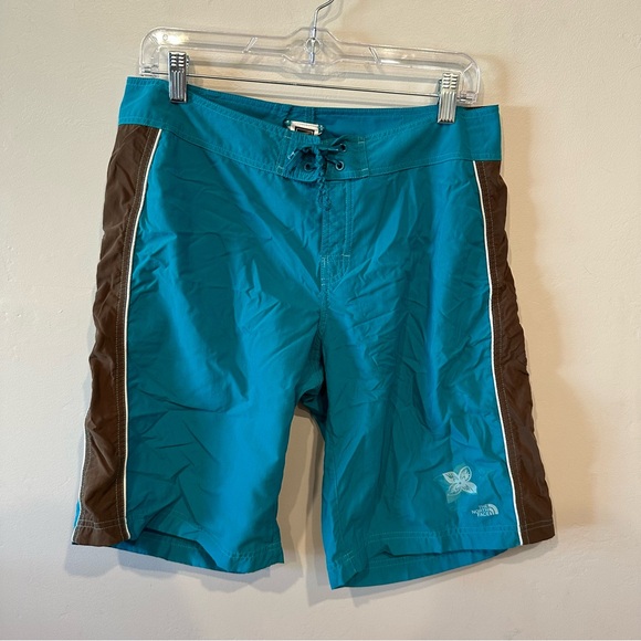 The North Face Women’s blue and brown floral swim trunks board shorts 10 long - Picture 1 of 7